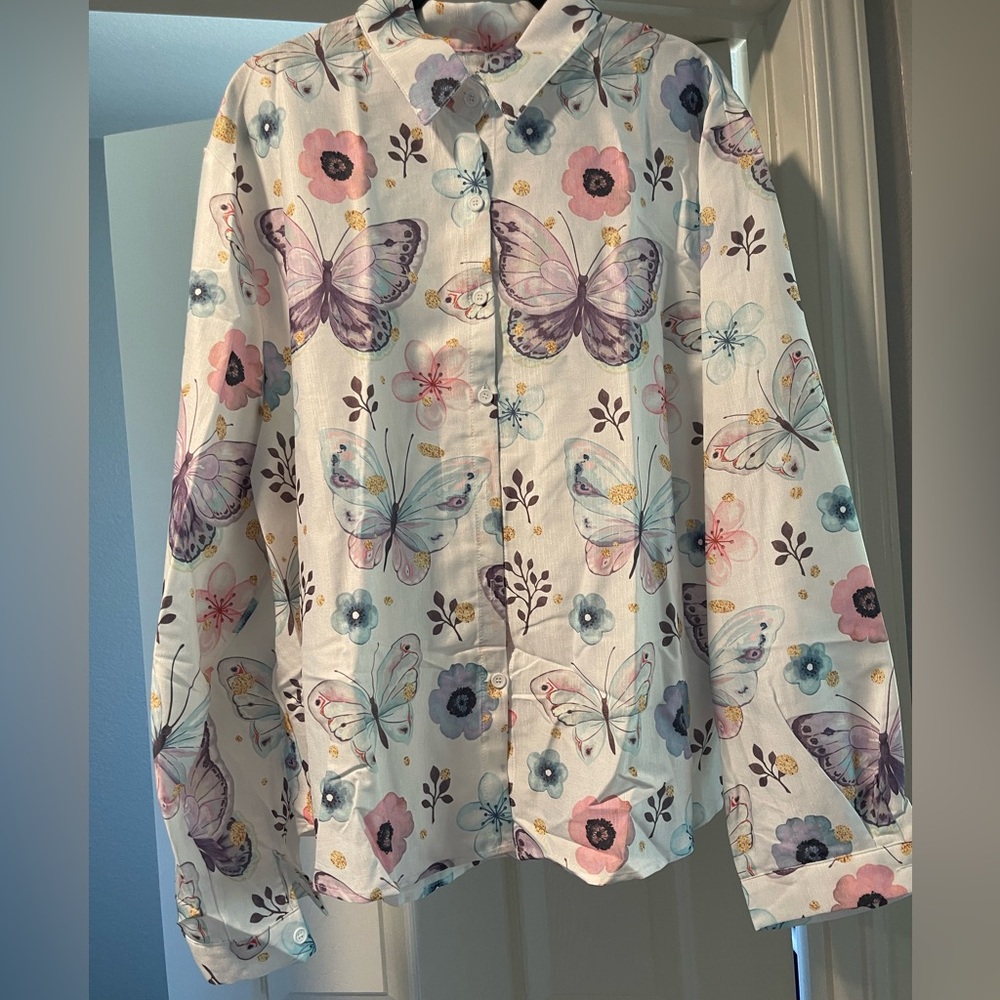 Butterfly Floral Button-Up Blouse - Pastel Print